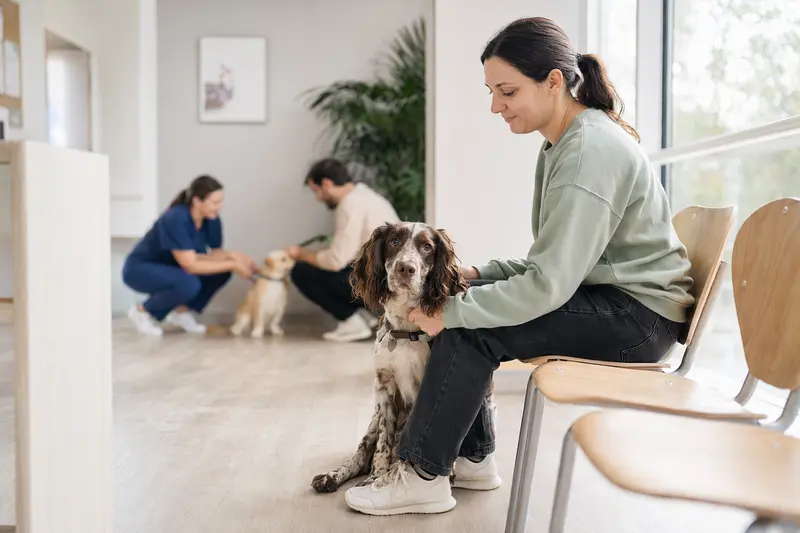 Ein Englischer Cocker Spaniel sitzt ruhig neben seinem Besitzer im hellen Wartezimmer einer modernen Tierarztpraxis.